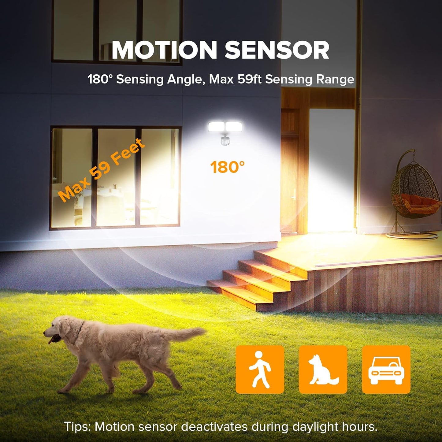 20W IP65 Waterproof LED Security Flood Light with Motion Sensor, 5000K, 1400LM, White, Dual Heads