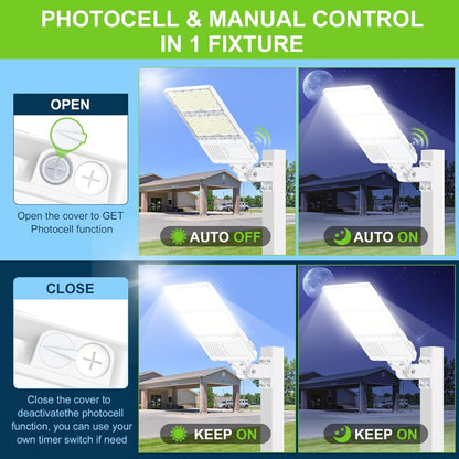 LED Parking Lot Light, Selectable 400W/320W/240W, 5000K, 100-277 VAC, 56,000 Lumens, Built-in Photocell, 3-in-1 Arm