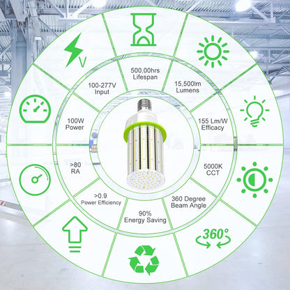 LED Corn Bulb, 100W, 15,000 lumens, 5000K, E39 Base, 277-480 VAC, 480 VAC HID Replacement
