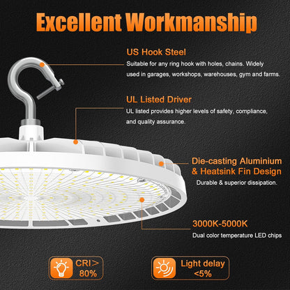 LED UFO High Bay Light, Selectable 240W/200W/150W and CCT 3000K/4000K/5000K, 33,600 Lumens, 100-277 VAC