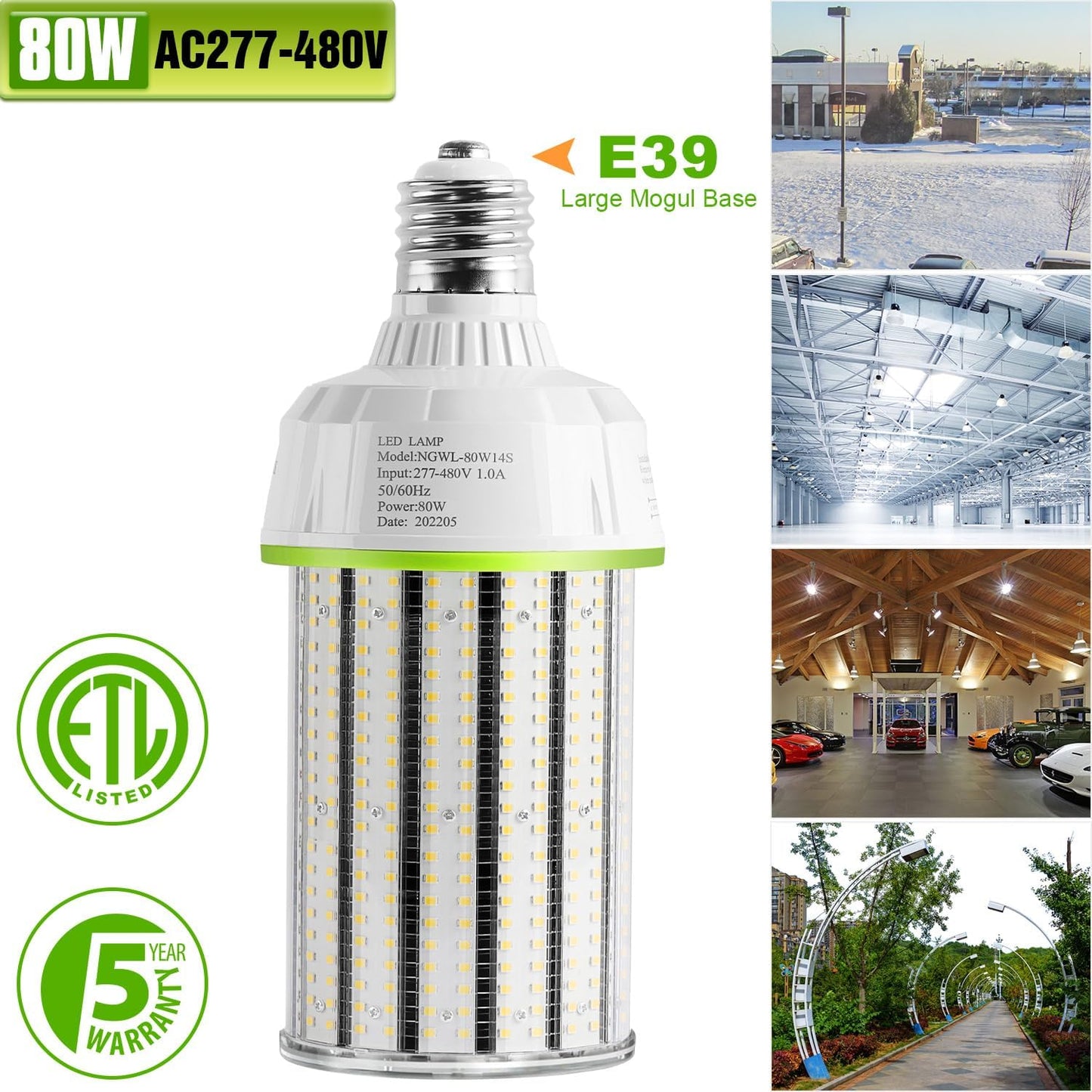 LED Corn Bulb, 100W, 15,500 lumens, 5000K,  E39 Base, 100-277 VAC