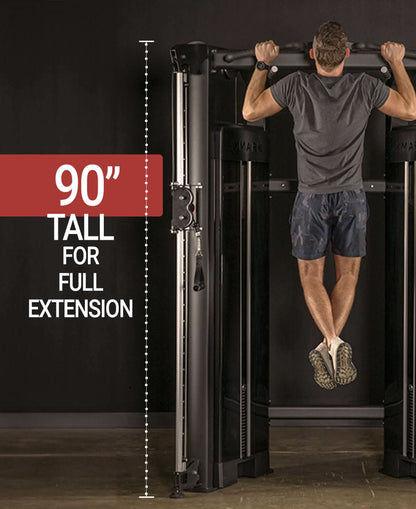 Man performing pull-ups on a 90" tall functional trainer with dual weight stacks, designed for full extension in workouts.