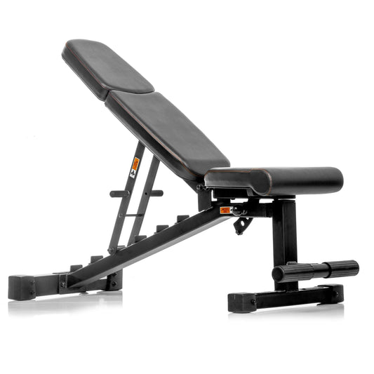Adjustable Ox Series weight bench in flat, incline, and decline positions, featuring a sturdy frame and foam padding for comfort.