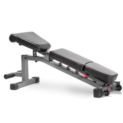Adjustable dumbbell weight bench with 7 backrest positions, sturdy frame, and high-density padding for comfort.