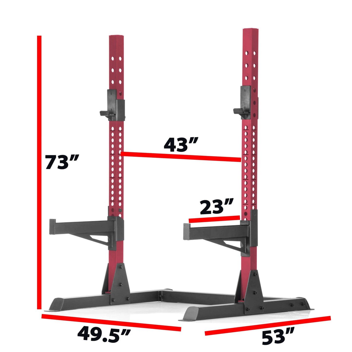 Image of a squat rack bench press with measurements: height 73", width 49.5", depth 53", and arm height 23".