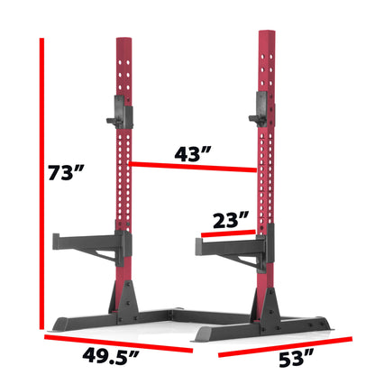 Image of a squat rack bench press with measurements: height 73", width 49.5", depth 53", and arm height 23".