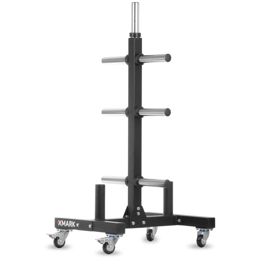 Commercial Olympic weight plate tree on castors with dual bar holders, featuring a sturdy steel structure and locking wheels.