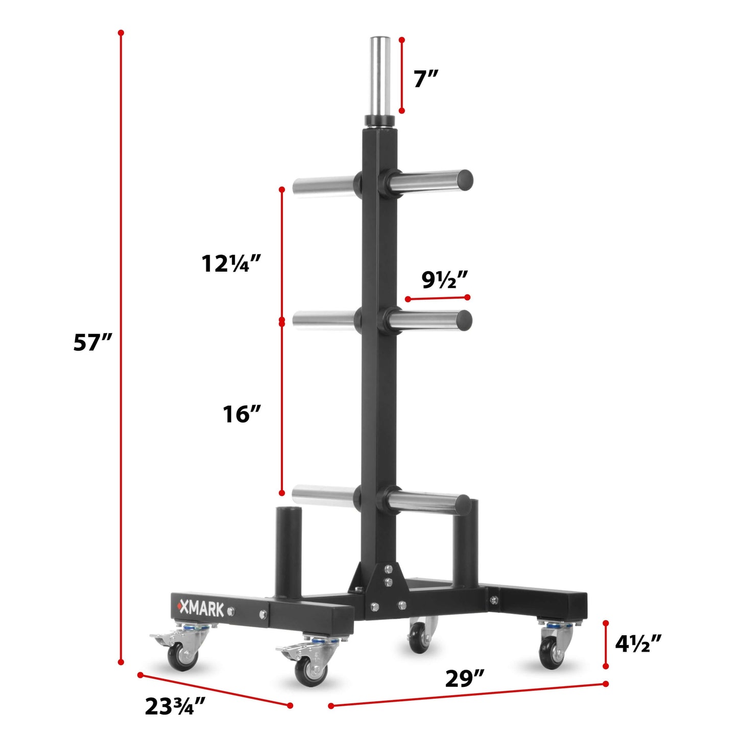 Commercial Olympic weight plate tree with dual bar holders and castors, dimensions are 57 x 29 x 23.75 inches.