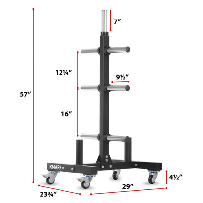 Commercial Olympic weight plate tree with dual bar holders and castors, dimensions are 57 x 29 x 23.75 inches.