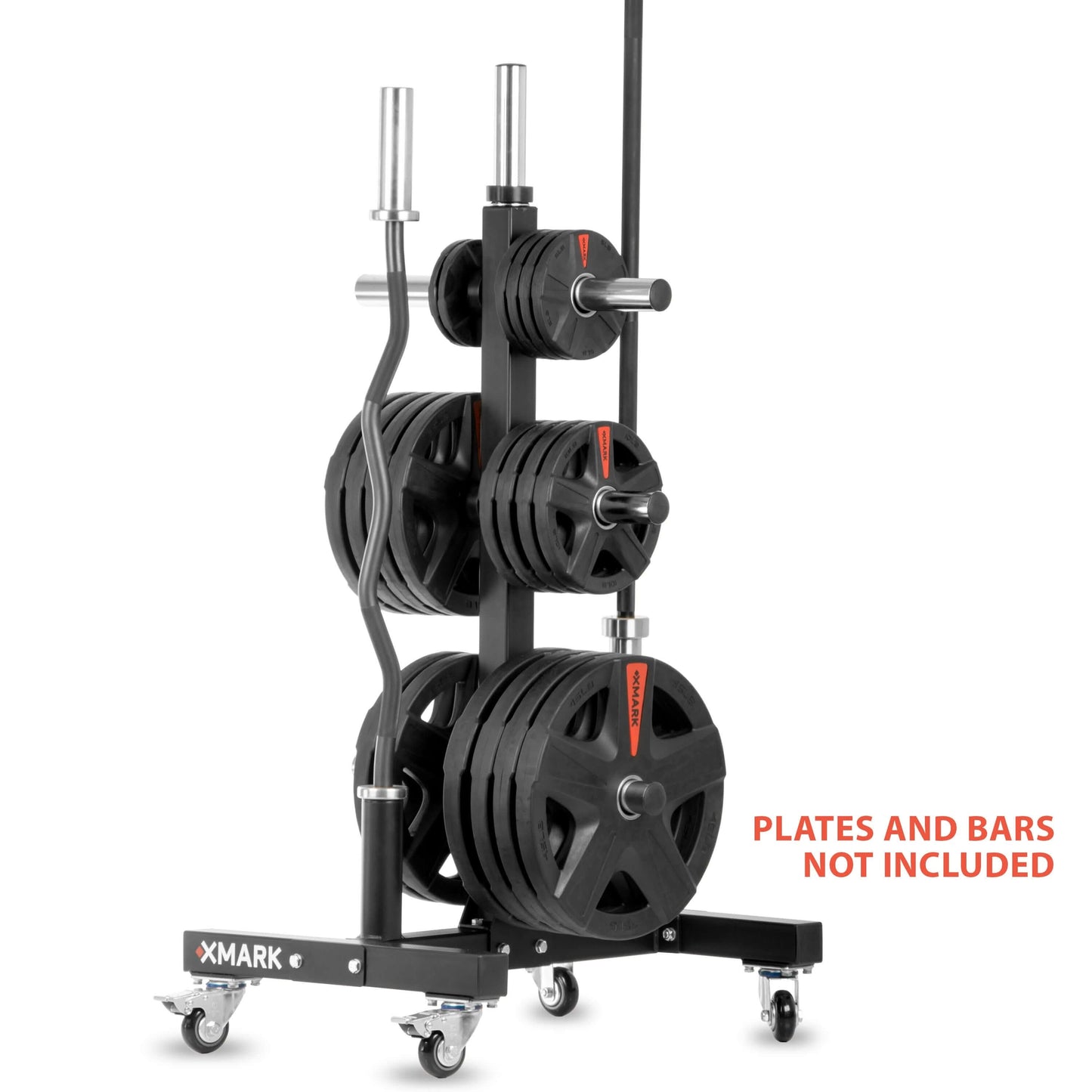 Durable Commercial Olympic Weight Plate Tree on castors, storing weights up to 750 lbs. with dual bar holders, plates not included.