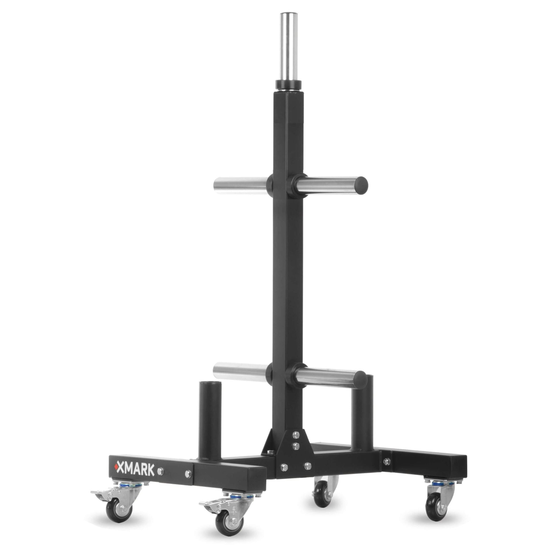 Commercial bumper plate tree on castors with dual bar holders, designed for heavy-duty gym use and easy mobility.