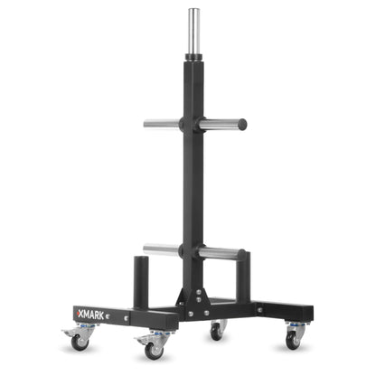 Commercial bumper plate tree on castors with dual bar holders, designed for heavy-duty gym use and easy mobility.