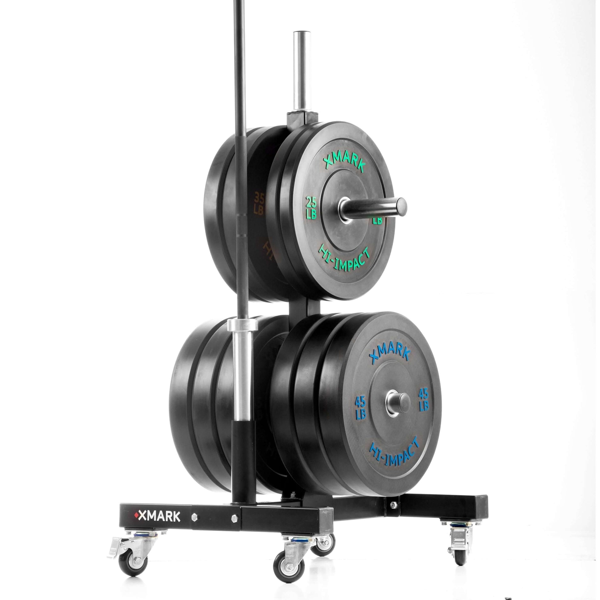 Commercial bumper plate tree on castors with dual bar holders, designed for heavy-duty gym use and easy mobility.
