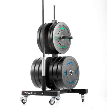 Commercial bumper plate tree on castors with dual bar holders, designed for heavy-duty gym use and easy mobility.