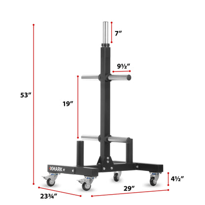 Commercial bumper plate tree on castors with dual bar holders, dimensions displayed, ideal for organized gym storage.
