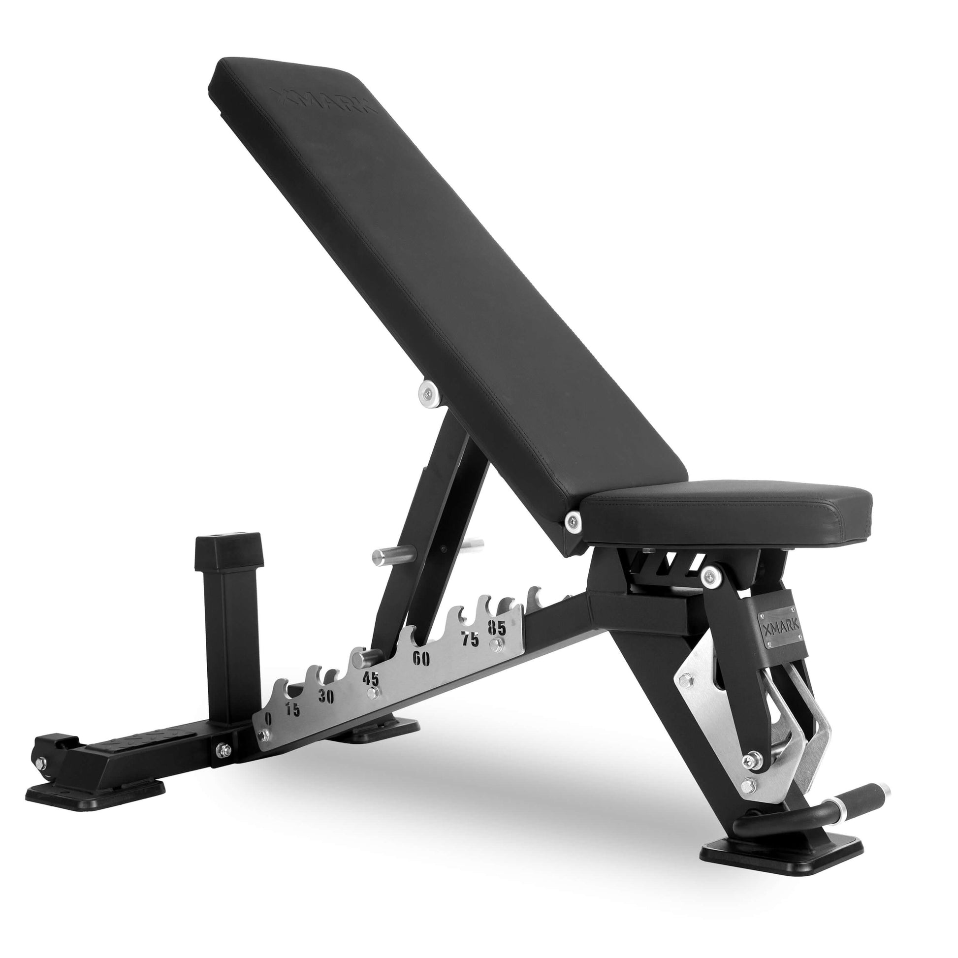 Adjustable black bench for strength training, featuring incline settings and sturdy frame for gym workouts.