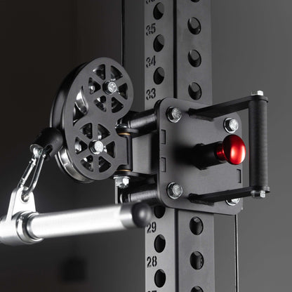Close-up of a heavy-duty commercial half rack functional trainer with dual stacks and pulleys.