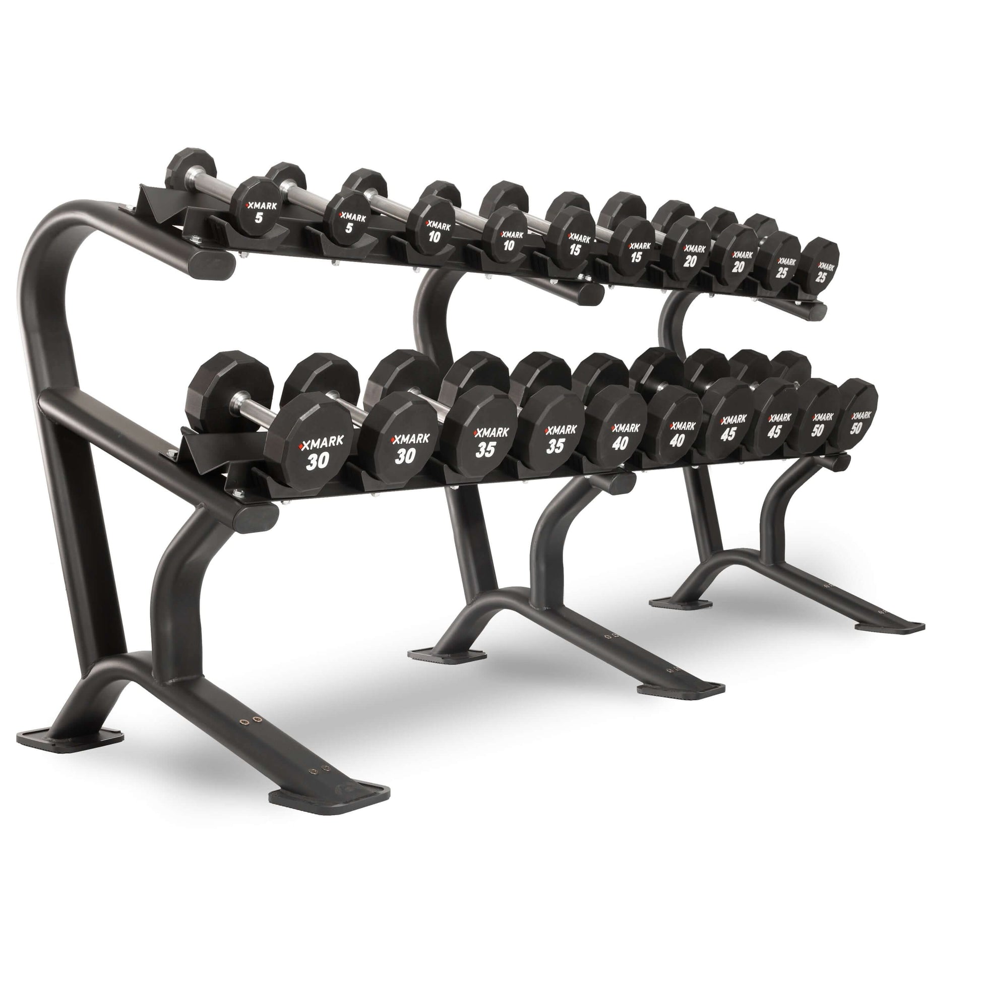 XMARK 12-sided urethane dumbbells displayed on a sturdy rack, showcasing weights from 5 to 75 lbs for versatile workouts.