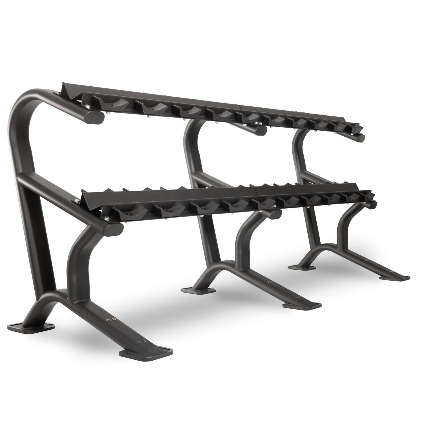 Commercial dumbbell rack designed to hold 10-15 pairs, made of sturdy 11-gauge steel for gym organization.