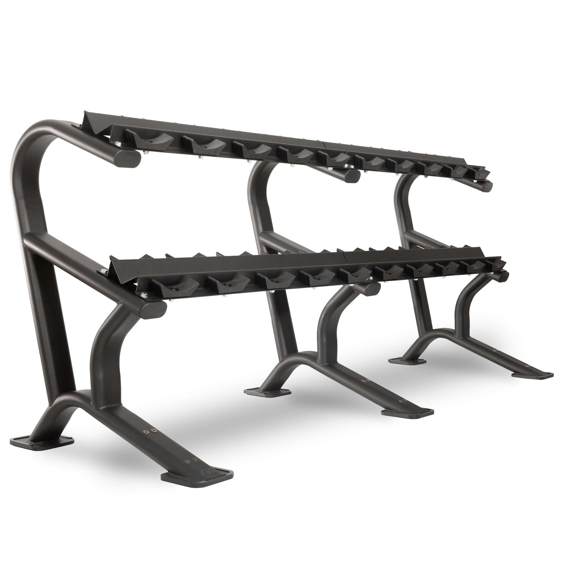 Commercial dumbbell rack designed to hold 10-15 pairs, made of sturdy 11-gauge steel for gym organization.