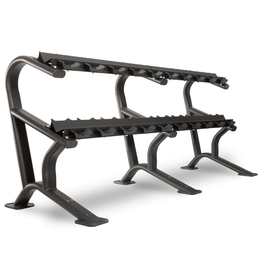 Commercial dumbbell rack designed to hold 10-15 pairs, made of sturdy 11-gauge steel for gym organization.