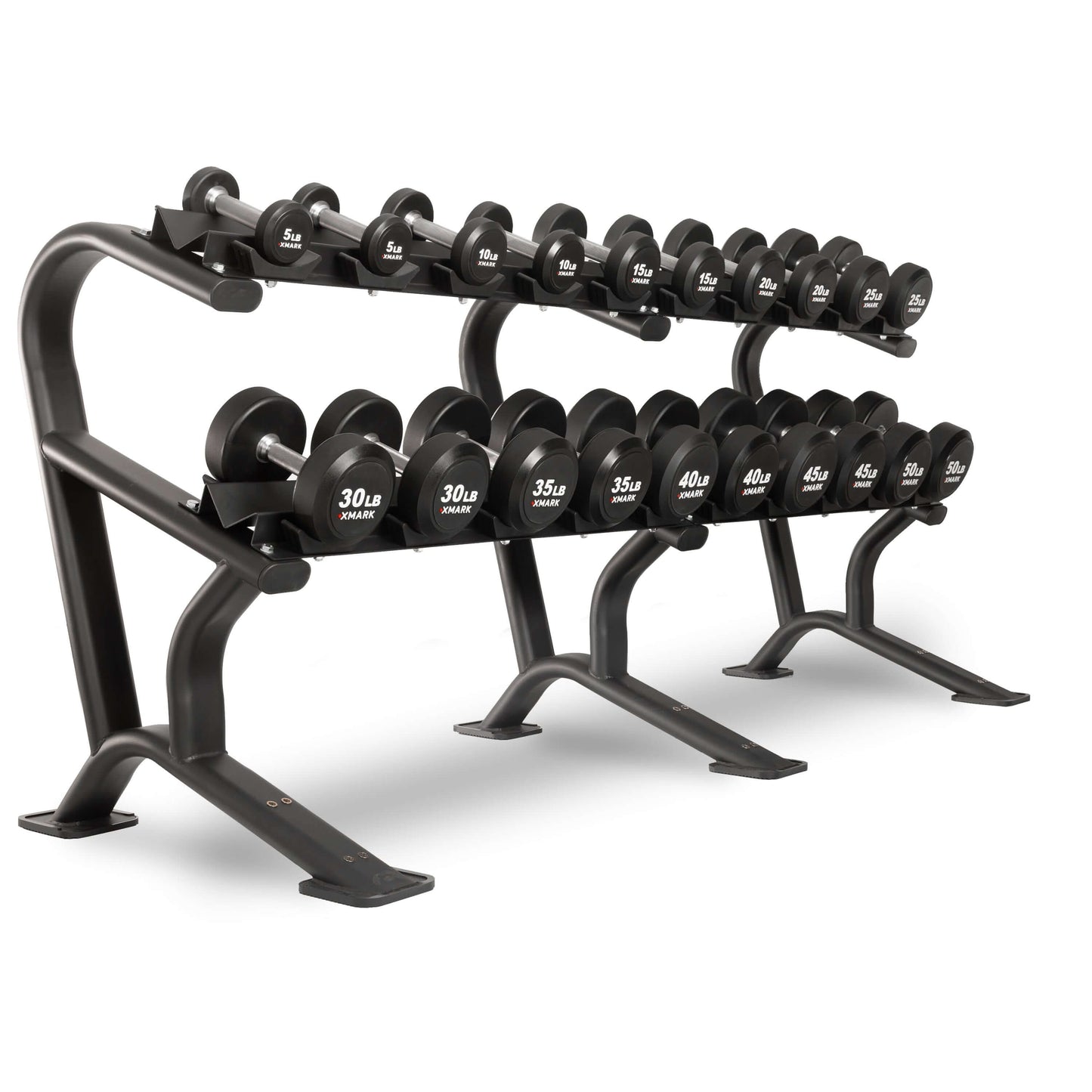Display of XMARK round commercial urethane dumbbells set ranging from 15 to 50 lbs on a sturdy rack, ideal for strength training.
