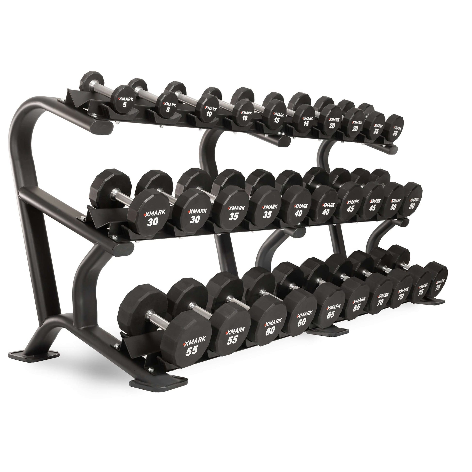 A tiered rack displaying XMARK 12-sided urethane dumbbells ranging from 5 to 75 lbs, designed for durability and grip comfort.