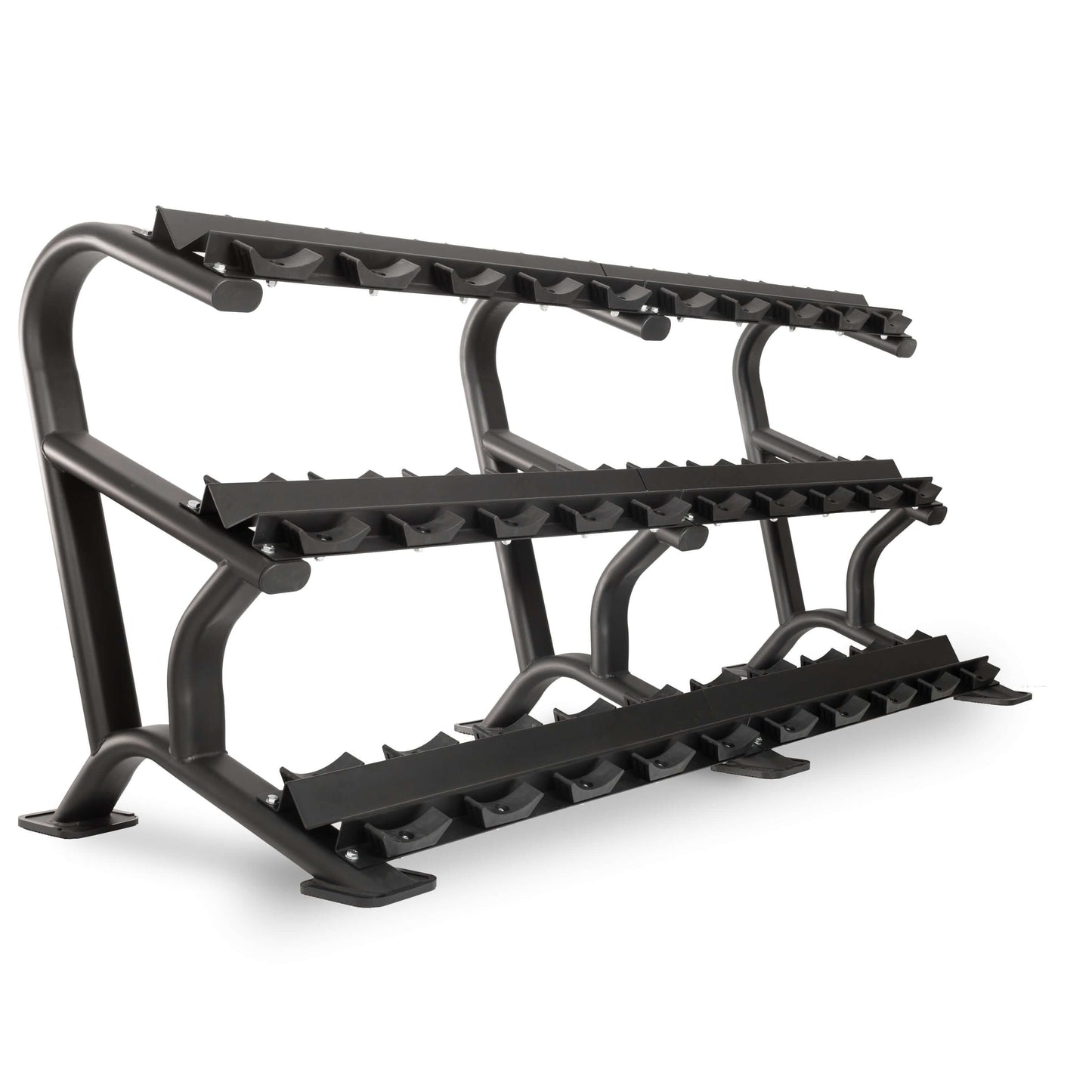 Commercial dumbbell rack with three tiers, designed to hold 10-15 pairs of dumbbells, made from heavy-duty steel.