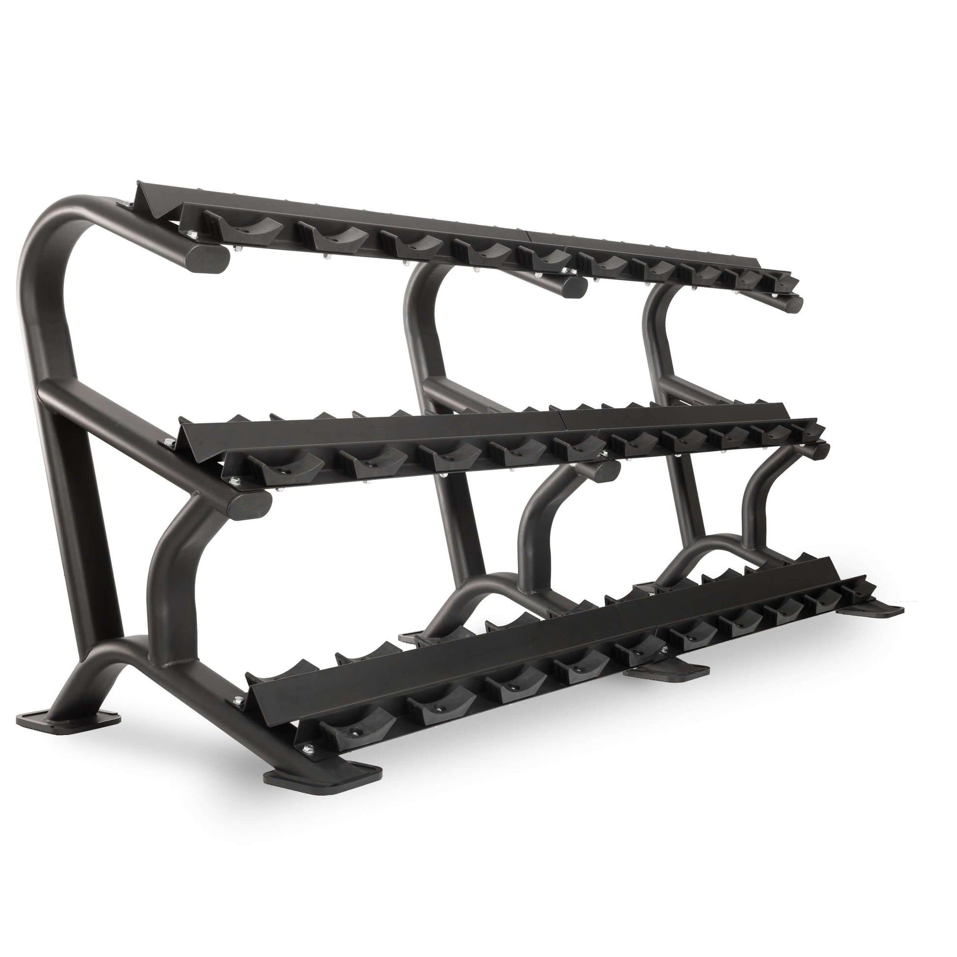Commercial dumbbell rack with three tiers, designed to hold 10-15 pairs of dumbbells, made from heavy-duty steel.