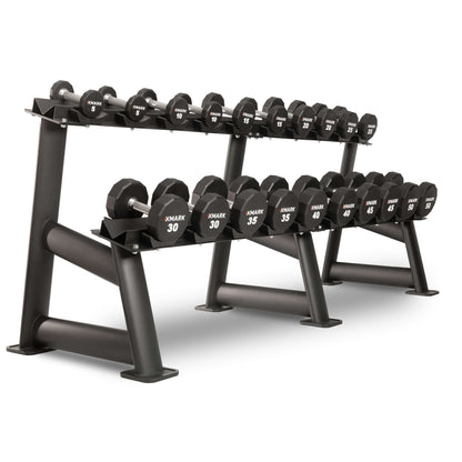 XMARK urethane dumbbell rack featuring weights from 5 to 50 lbs, highlighting durability and organized storage for workouts.