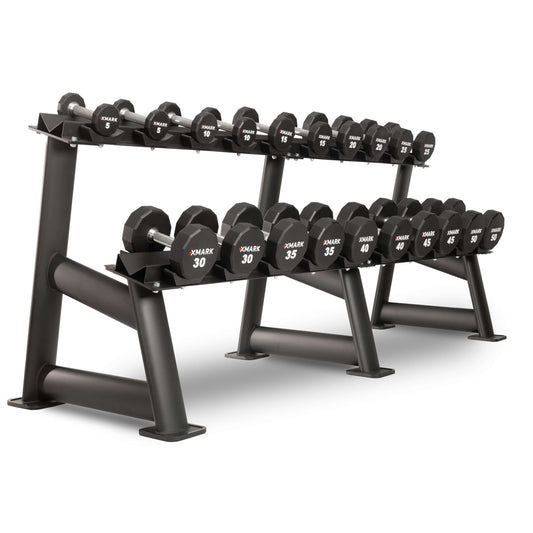 XMARK urethane dumbbell rack featuring weights from 5 to 50 lbs, highlighting durability and organized storage for workouts.