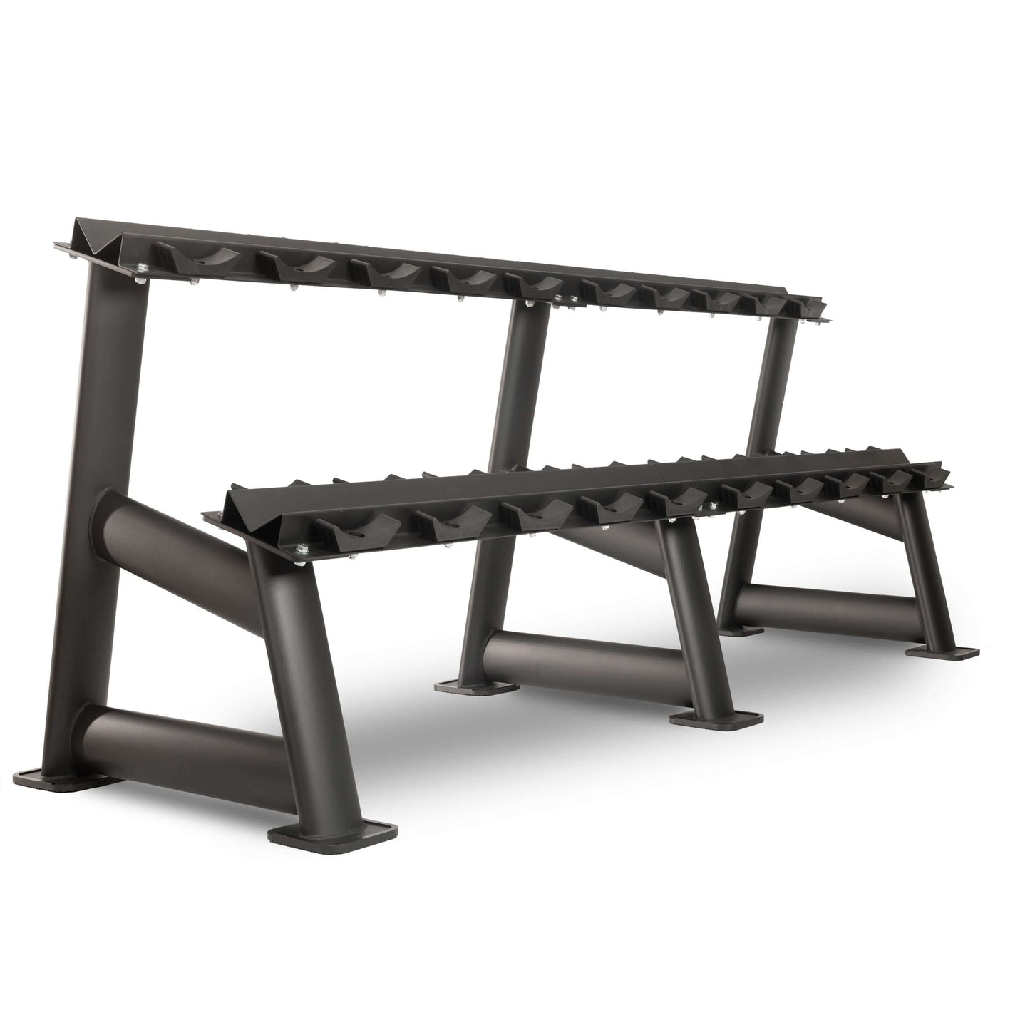 Commercial 2-tier dumbbell rack with rugged steel construction, designed to hold 10 pairs of dumbbells securely and save space.