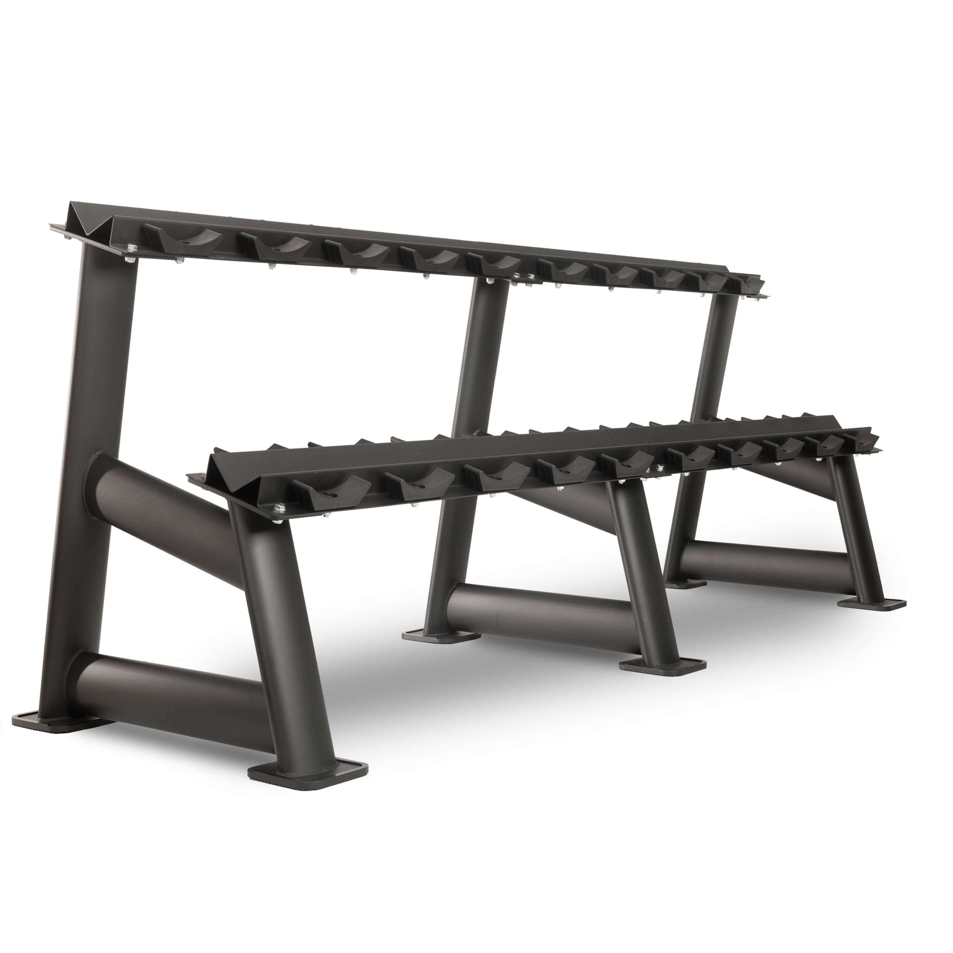 Commercial 2-tier dumbbell rack with rugged steel construction, designed to hold 10 pairs of dumbbells securely and save space.