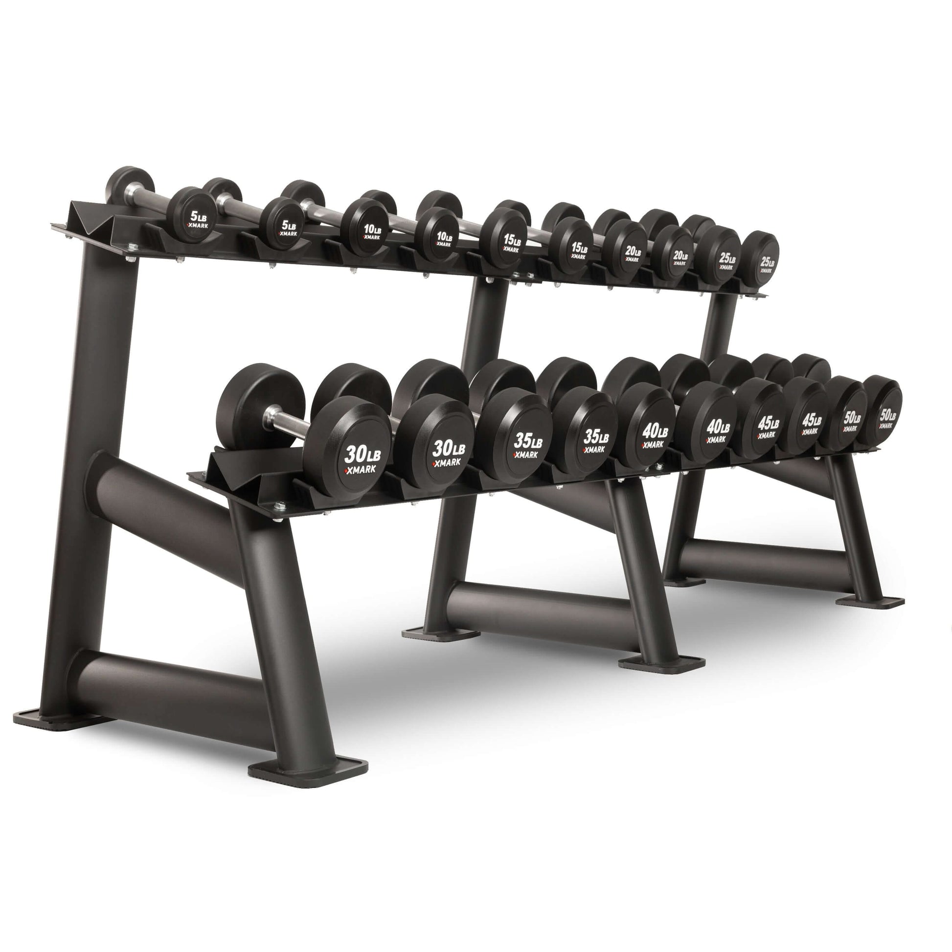 Round commercial urethane dumbbells on a rack, ranging from 5 to 50 lbs, ideal for strength training.