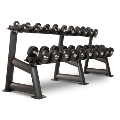 Round commercial urethane dumbbells on a rack, ranging from 5 to 50 lbs, ideal for strength training.