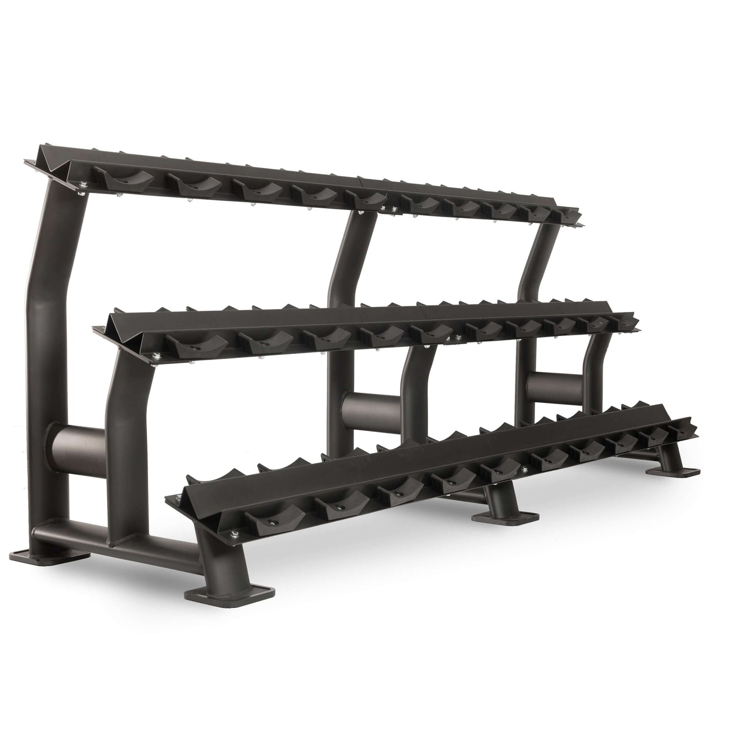 Commercial 3-tier dumbbell rack made of heavy-duty steel, designed to hold 15 pairs of dumbbells securely.