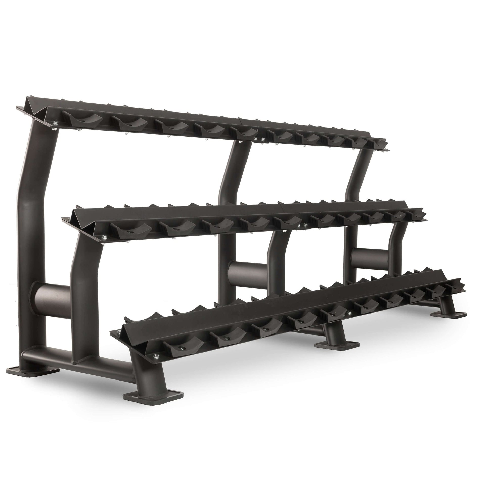 Commercial 3-tier dumbbell rack made of heavy-duty steel, designed to hold 15 pairs of dumbbells securely.