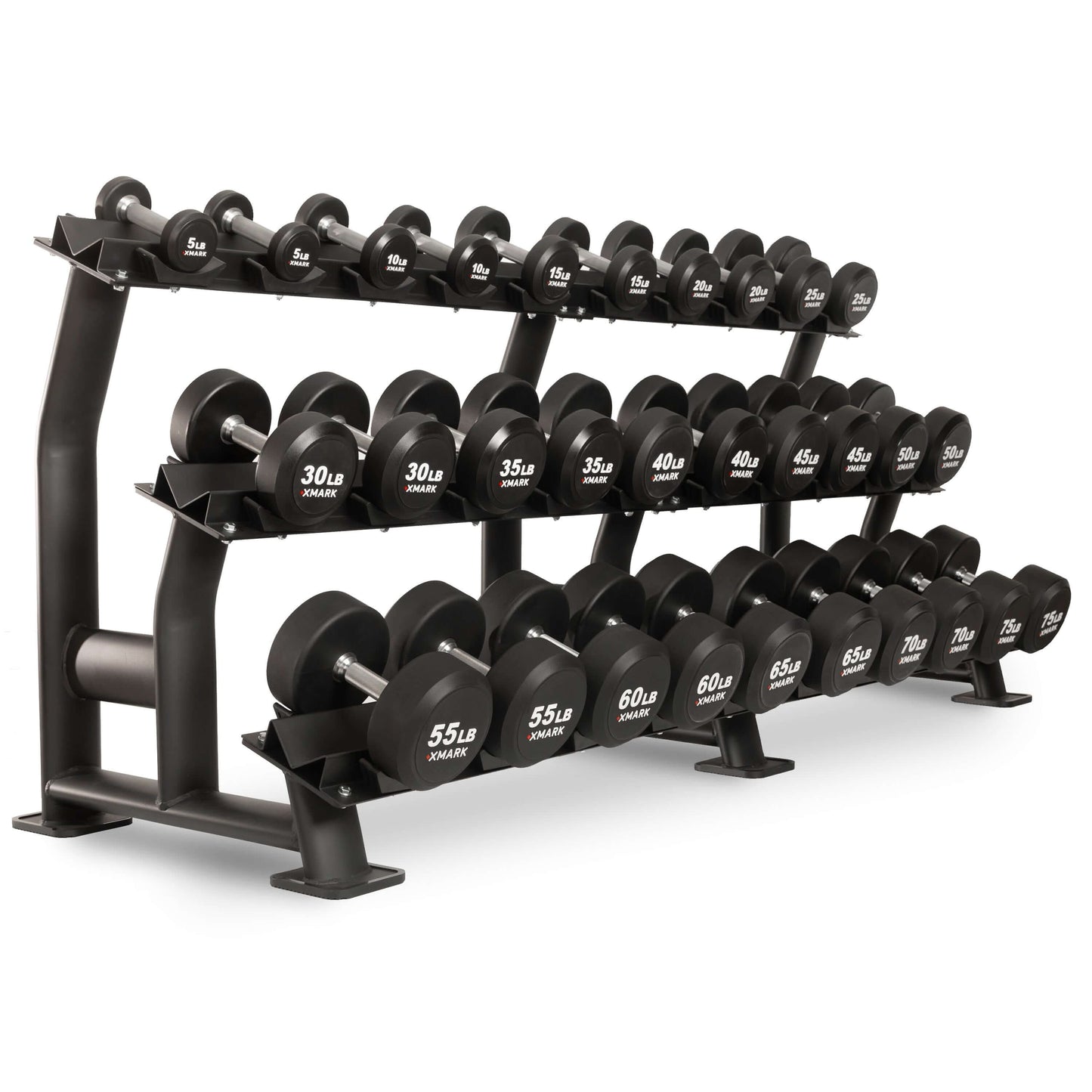 Display rack featuring round black urethane dumbbells ranging from 5 to 60 lbs for commercial strength training.