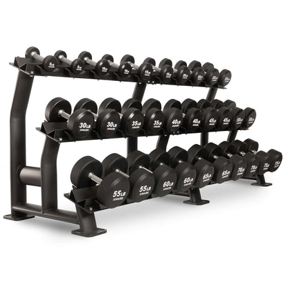 Display rack featuring round black urethane dumbbells ranging from 5 to 60 lbs for commercial strength training.