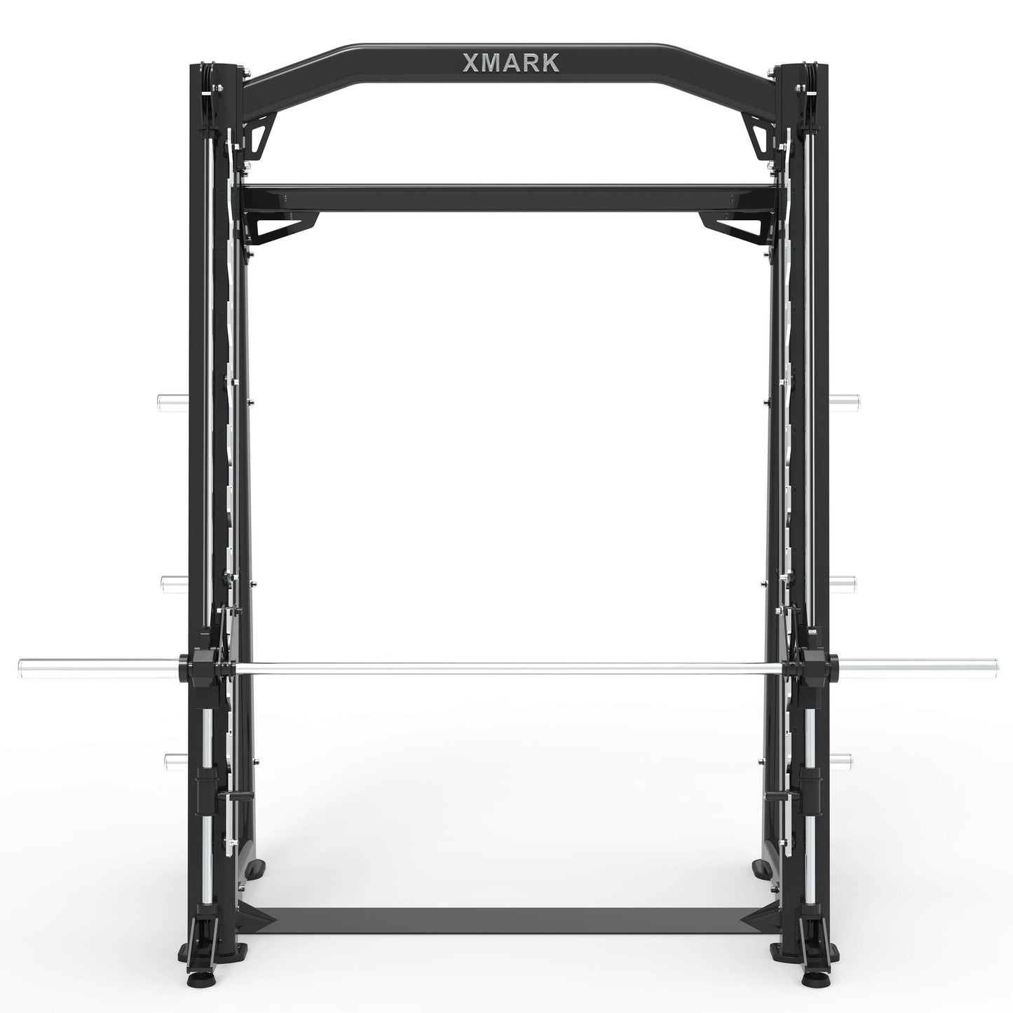 Front view of a heavy-duty XMARK commercial Smith machine with angled uprights and a barbell ready for use.