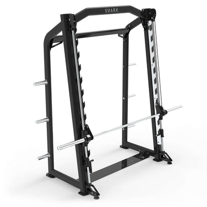 Heavy-duty commercial Smith machine with 11-gauge steel construction and self-spotting capability for strength training.