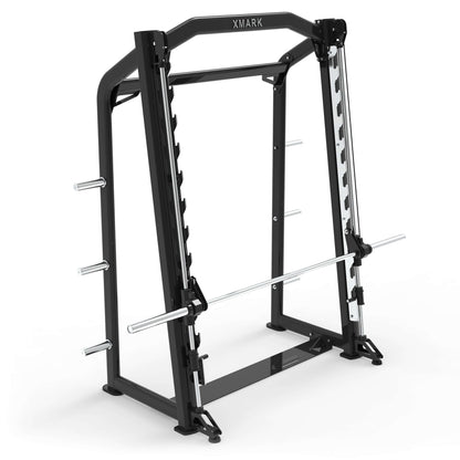 XMARK Commercial Smith Machine featuring safety bars and a sturdy frame for various strength training exercises.