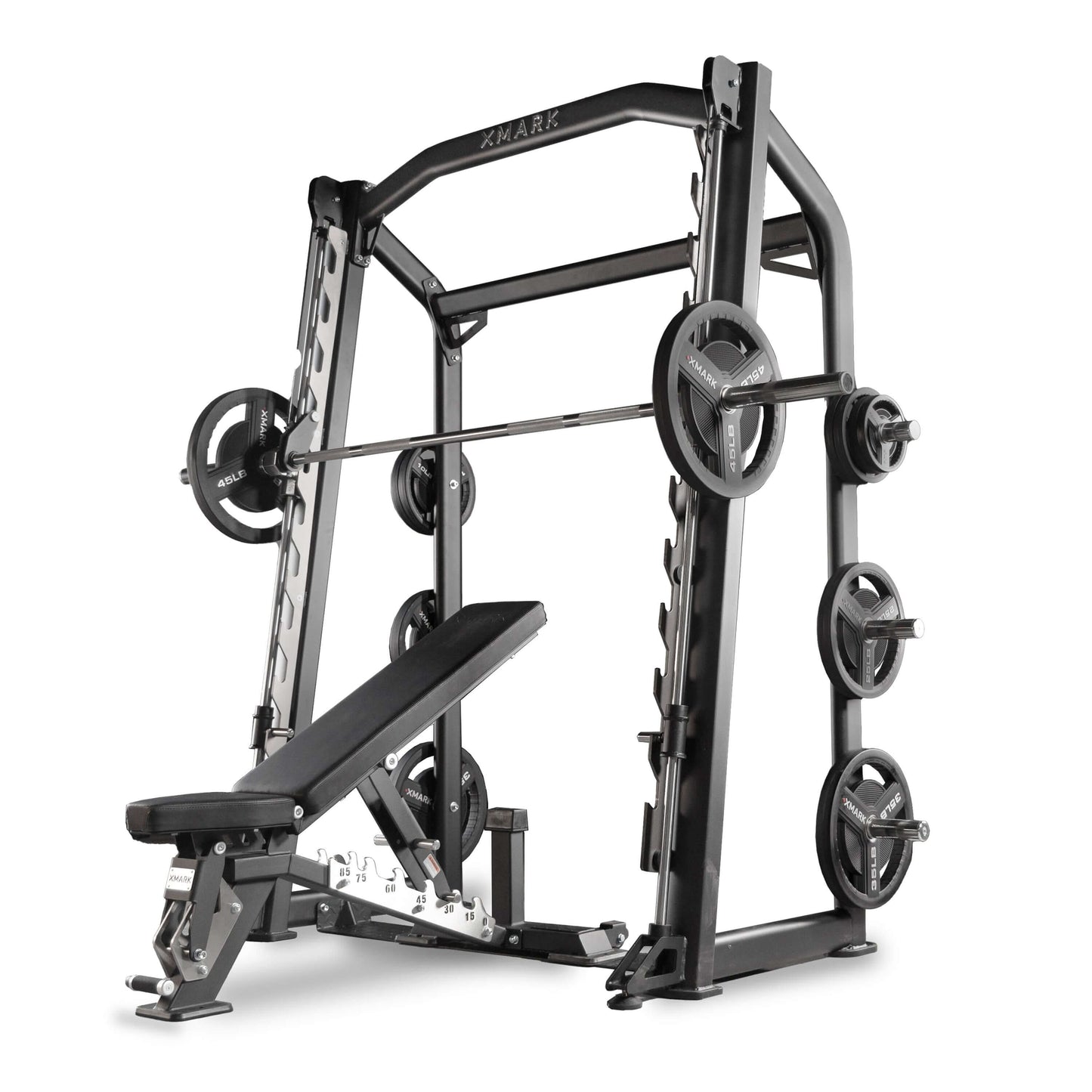 XMARK Commercial Smith Machine with adjustable bench, weights, and safety catches for effective strength training.