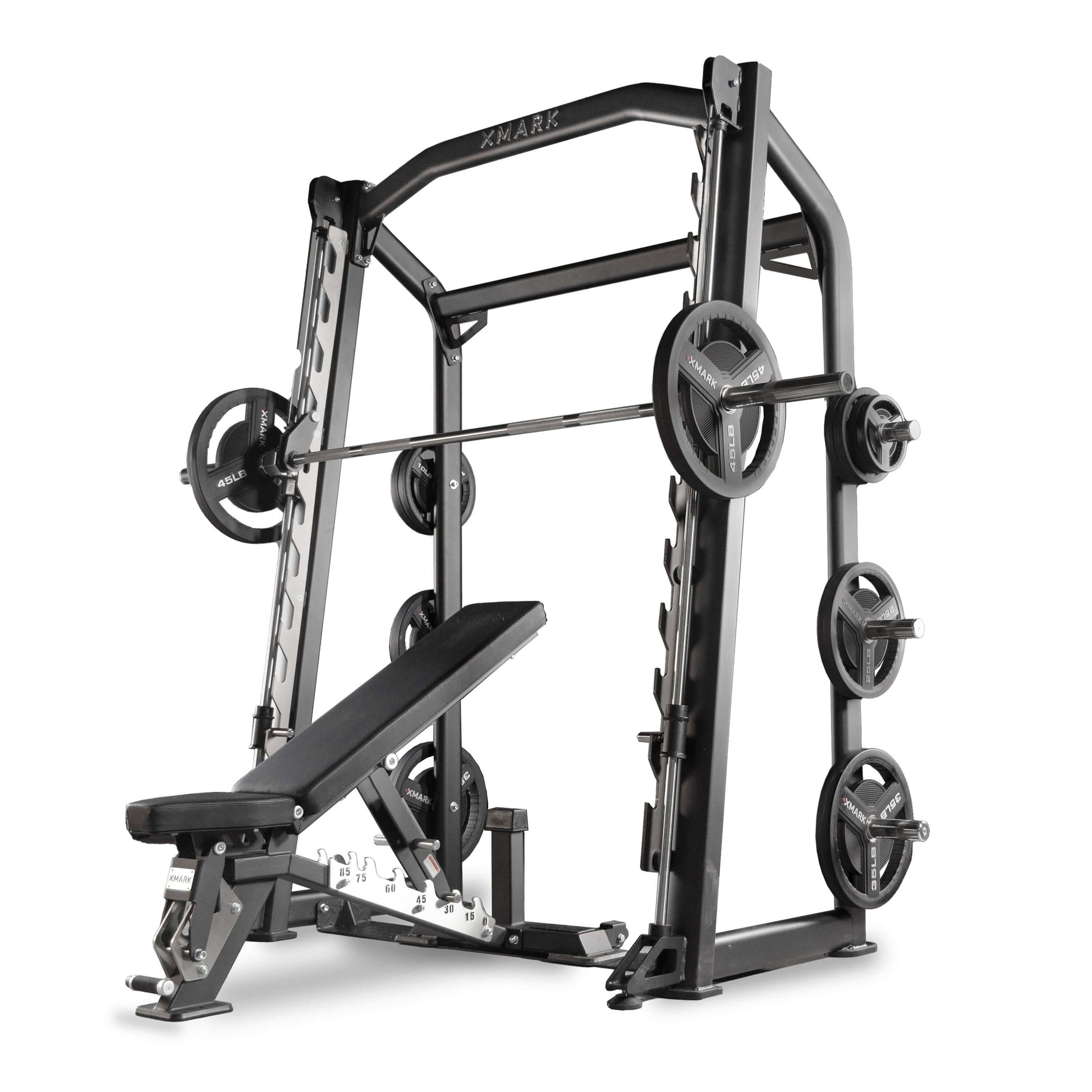 XMARK Commercial Smith Machine with adjustable bench, weights, and safety catches for effective strength training.