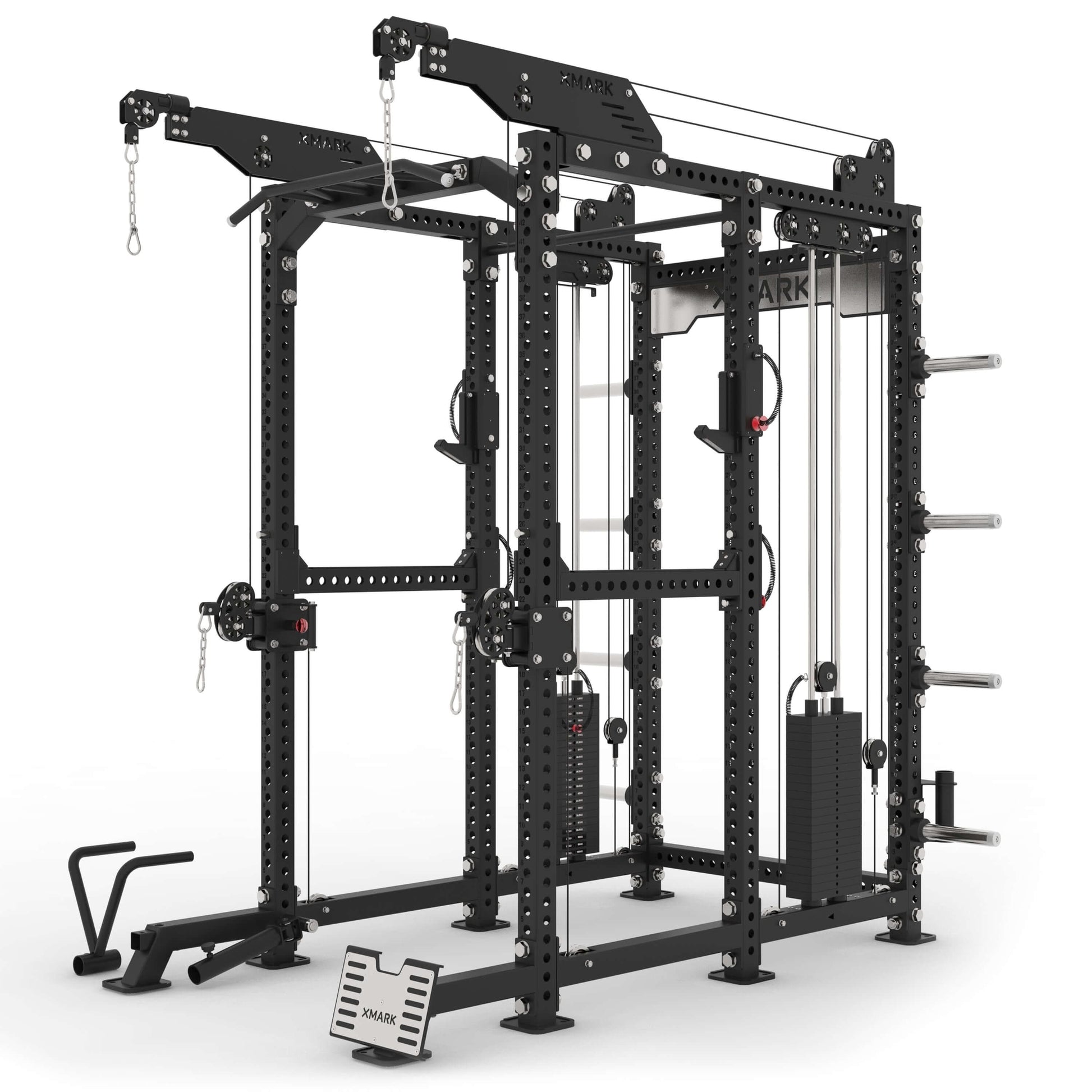 Commercial power rack cable machine with dual 220 lb weight stacks and heavy-duty steel frame for versatile workouts.