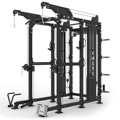 Commercial power rack cable machine with dual 220 lbs weight stacks, 11-gauge steel construction, and various exercise attachments.