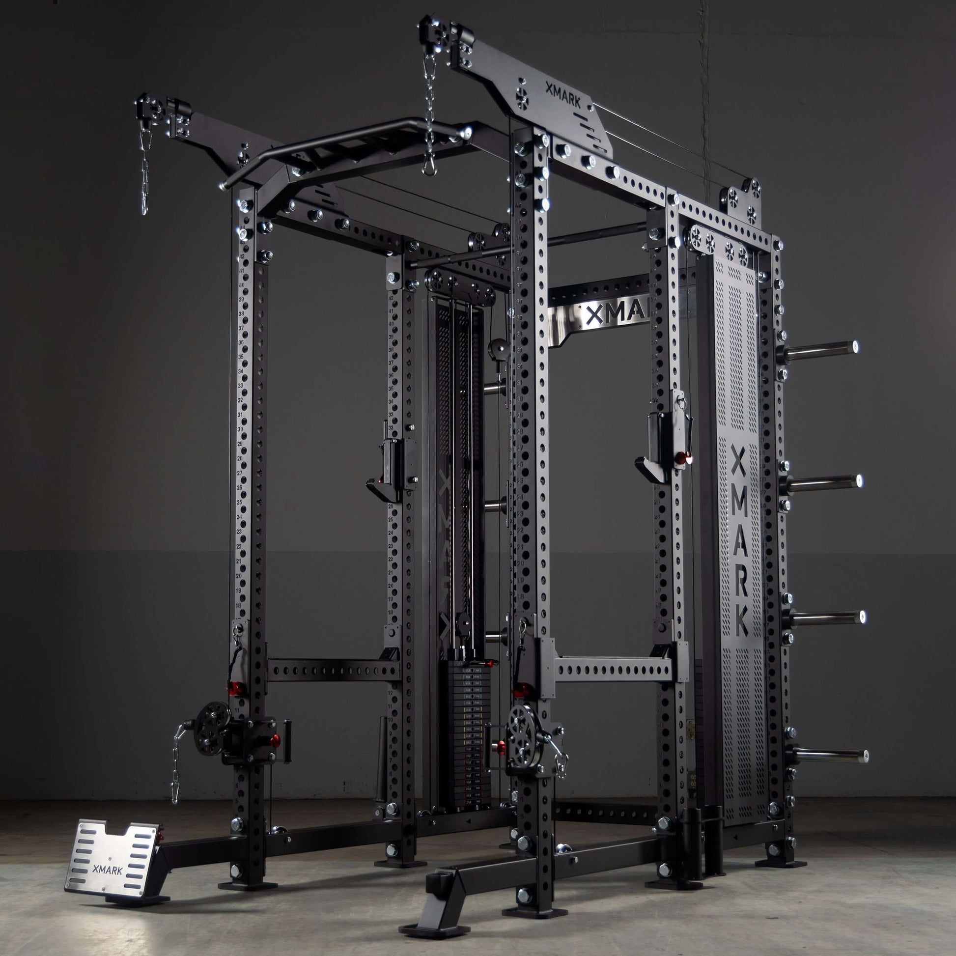 Commercial power rack cable machine with dual weight stacks and heavy-duty steel frame for strength training.