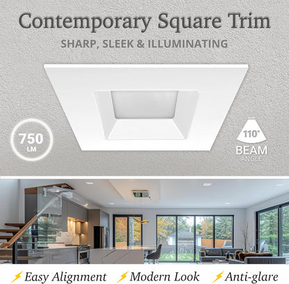 4 Inch Square LED Recessed Light, 11W, Selectable CCT, 750 Lumens, 120 VAC