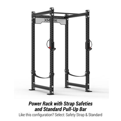 XMARK Viper Power Rack featuring strap safeties and standard pull-up bar. Ideal for home gym setups.
