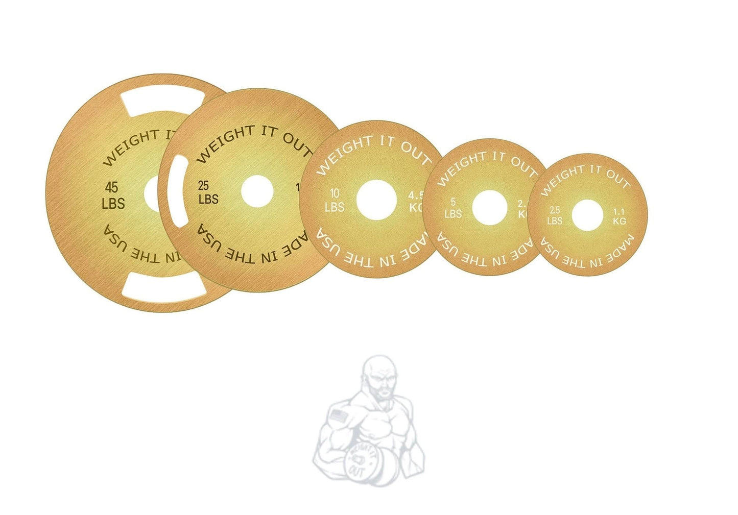 Solid Steel Calibrated Weight Plate Sets - front view layout (gold finish)